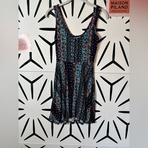 See You Monday Mini Fit & Flare Dress Blue Red Mixed Print Women’s Size S